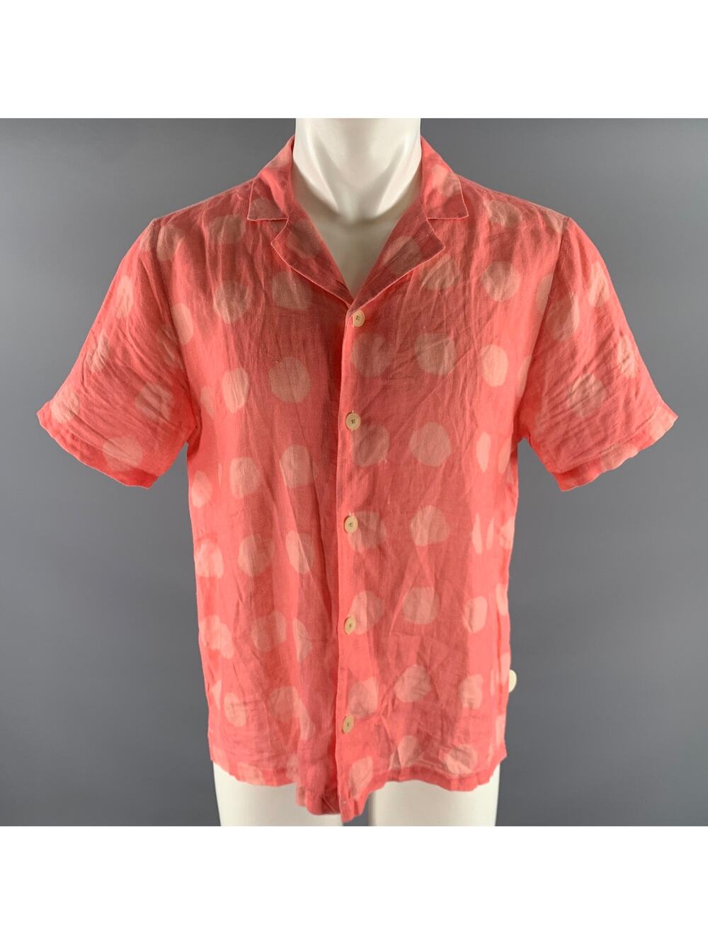FOLK Size M Pink Polka Dot Linen Camp Short Sleeve Shirt